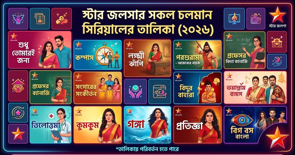 ২০২৬ সালের স্টার জলসার সকল চলমান মেগা সিরিয়াল এবং বিগ বস বাংলা রিয়েলিটি শো-এর সম্পূর্ণ তালিকা সম্বলিত একটি ছবি।
